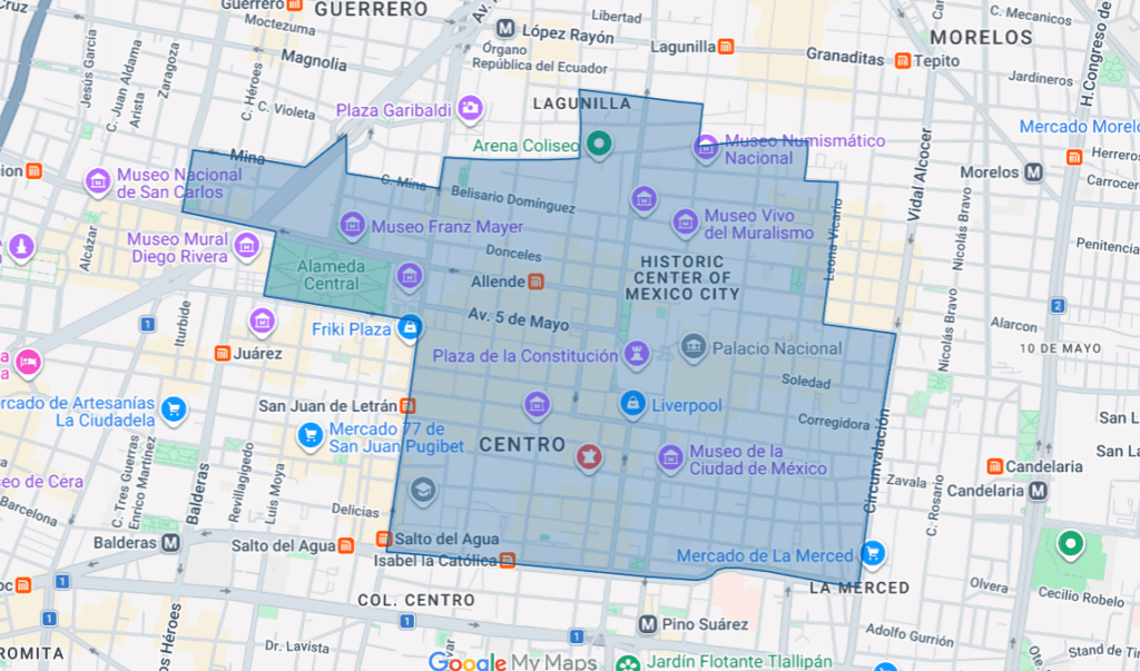 Map of Mexico City with the Centro Histórico boundaries highlighted