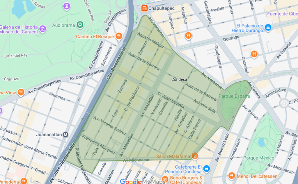 Map of Mexico City with the Condesa neighborhood boundaries highlighted