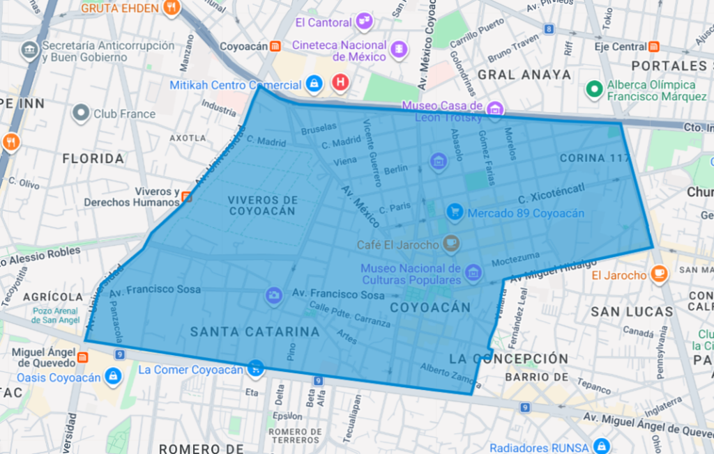 Map of Mexico City with the Coyoacan boundaries highlighted