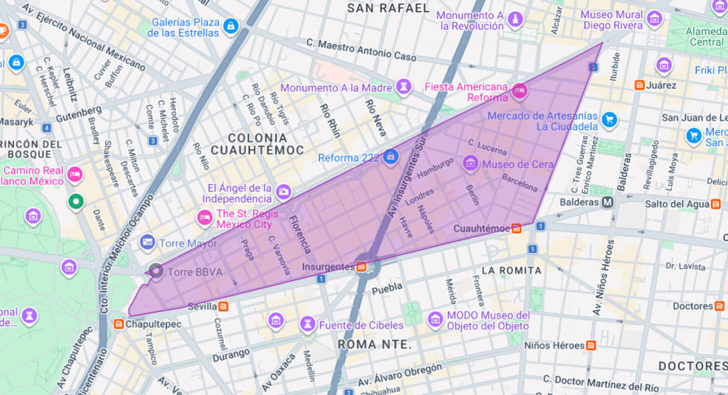 Map of Mexico City with the Juarez neighborhood boundaries highlighted