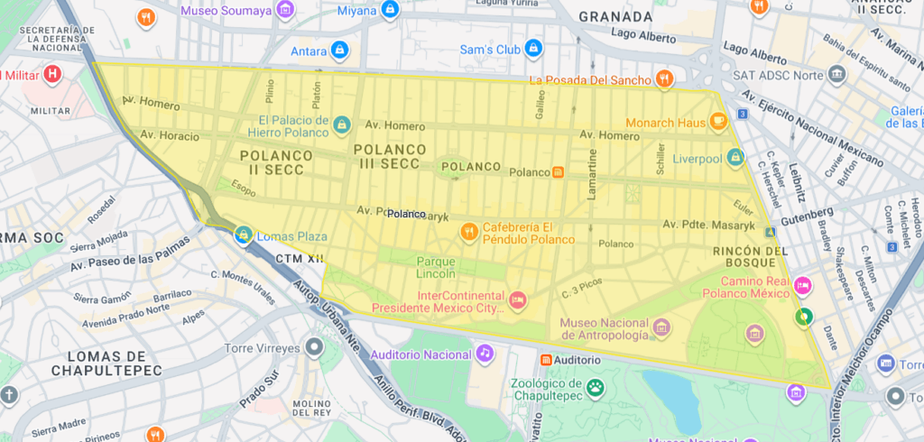 Map of Mexico City with the Polanco neighborhood boundaries highlighted
