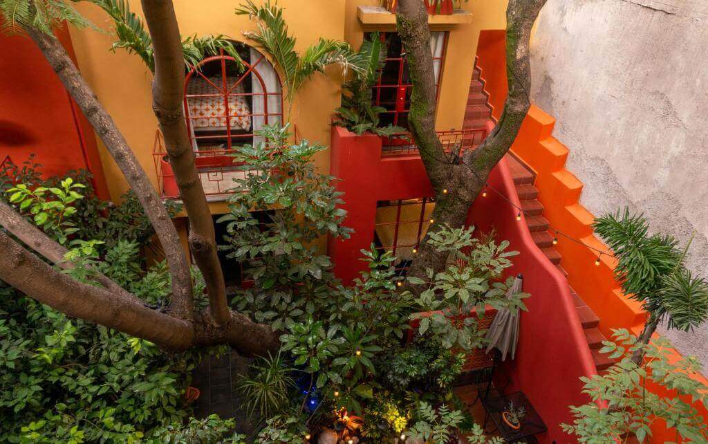 Red tree house hotel in Condesa, Mexico City.