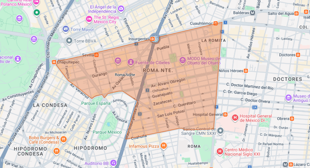 Map of Mexico City with the Roma Norte neighborhood boundaries highlighted